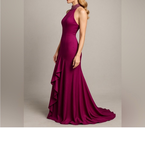 Aidan Mattox Crystal Beaded Halter Gown Magenta Fuchsia Satin Size 4 NWT Evening - Picture 2 of 9